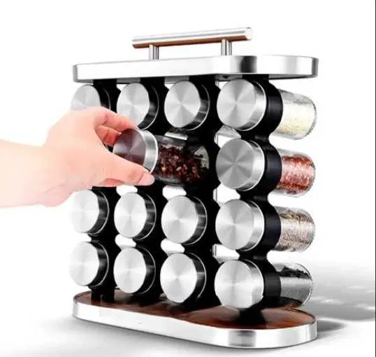 Карусель для спецій набір для спецій 16 ємностей Stainless steel and wood / органайзер для зберігання спецій | Зображення 3