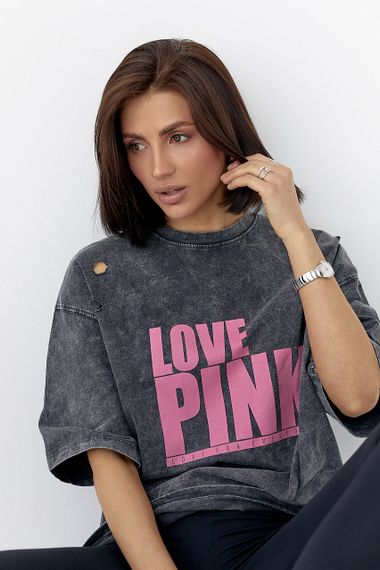 Футболка в техніці тай-дай з написом Love Pink - чорний цвет, ONE SIZE (є розміри) | Зображення 4