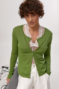 Легкий лонгслів на ґудзиках у комплекті з мереживною майкою - зелений цвет, ONE SIZE (є розміри)