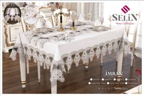 Лляна скатертина з ранером Selin Imran Set 160×300+12 серветок кремова