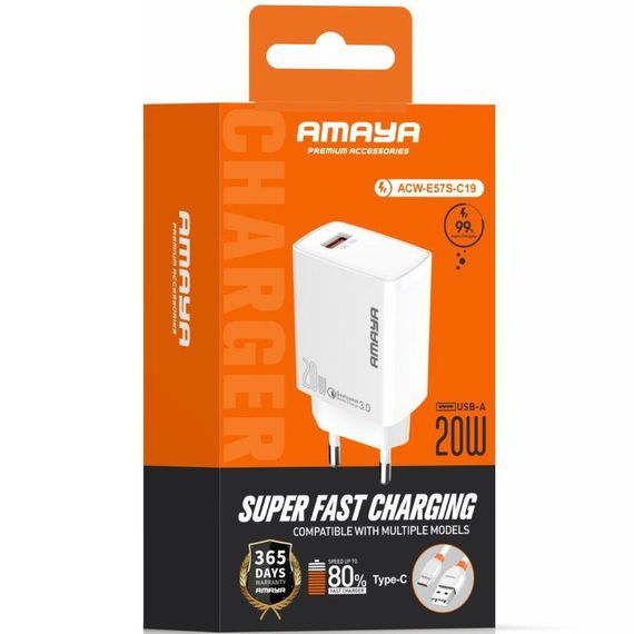 МЗП Amaya E57S QC3.0 20W (1USB-A) + кабель USB to Type-C White | Зображення 1