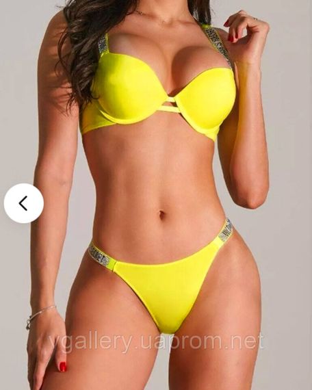 Комплект купальник Вікторія Сикрет зі стразами та Пуш-Ап, подарунковий комплект Victoria`s Secret.Бразиліана, Жовтий, 80B | Зображення 3