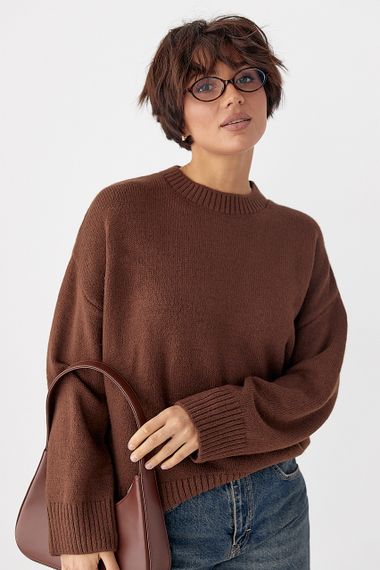 В'язана однотонна кофта вільного фасону - темно-коричневий цвет, S (є розміри) | Зображення 4