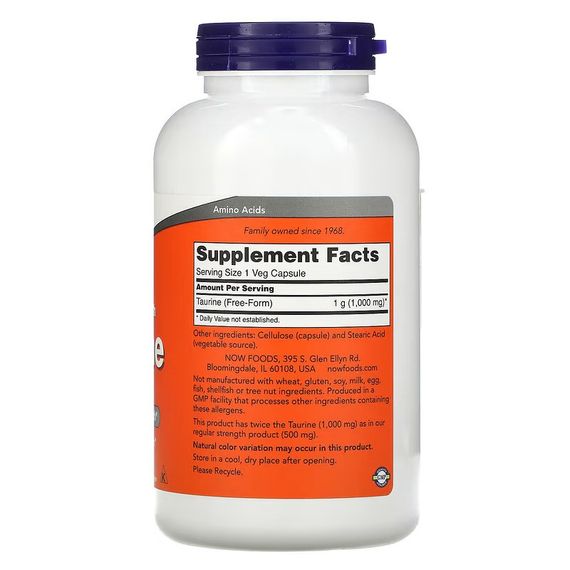 Таурин NOW Double Strength Taurine, 1,000 mg, 250 Veg Capsules | Зображення 1