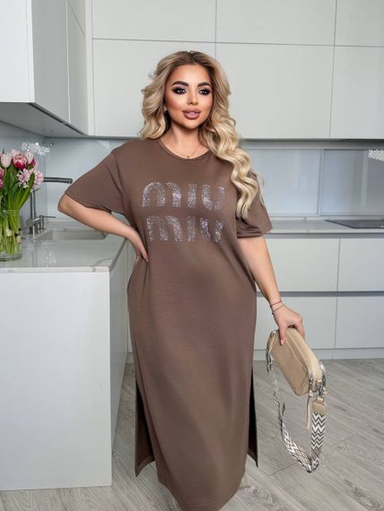 Женское платье-футболка длинное с коротким рукавом, больших и батальных размеров IS873, цвет мокко, размер 58/60 | Зображення 4