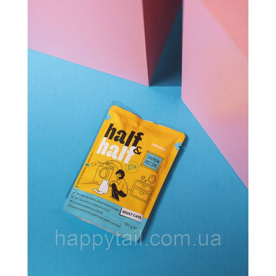 Корм влажный HalfHalf для взрослых котов кусочки с лососем в желе в форме пауча 100г | Зображення 2