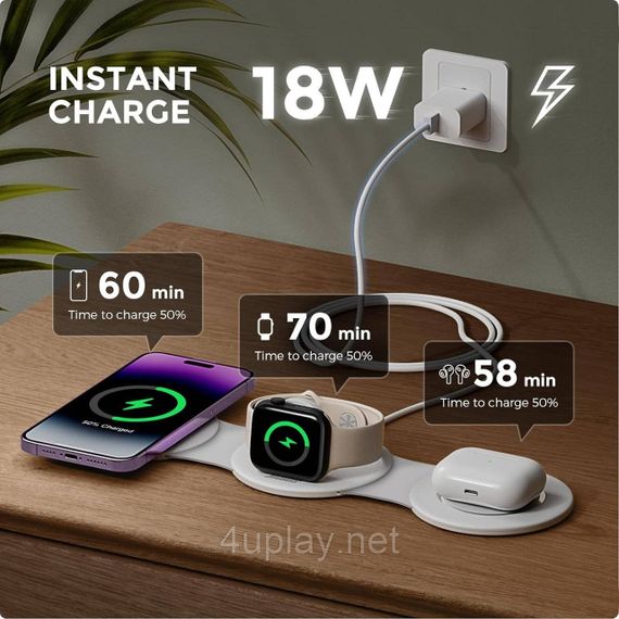 Беспроводное зарядное устройство 3-в-1 Hicober Wireless Charging Station для смартфонов, наушников и часов Apple | Зображення 1