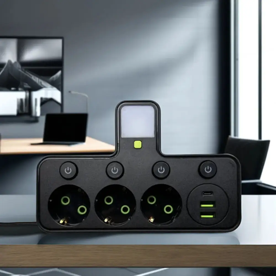 Мережевий фільтр трійник з підсвічуванням 3 розетки (2 USB+Type-C) Чорний | Зображення 1