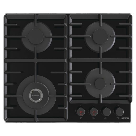 Варильна поверхня Gorenje GKTW642SYB/газ на склі/ електрозапалювання/таймер/ чавунна решітка/конфорка Wok/газконтроль/чорна (GKTW642SYB)