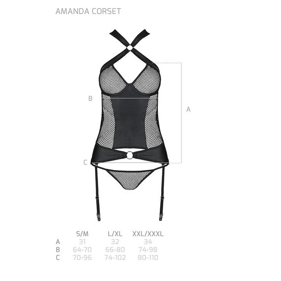Сітчастий комплект корсет з халтером, зйомні підв'язки і трусики Passion AMANDA CORSET 2XL/3XL black | Зображення 6