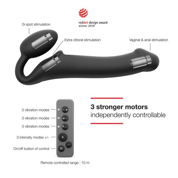 Безремневой страпон с вибрацией Strap-On-Me Vibrating Black L, диаметр 3,7см, пульт ДУ, регулируемый | Зображення 1