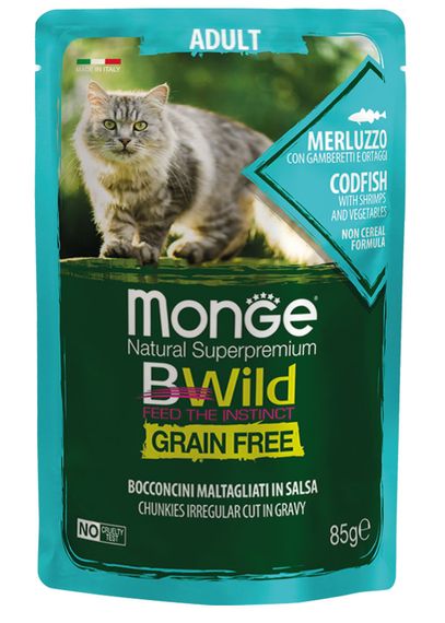 Корм Monge BWild Grain Free Cat Merluzzo вологий з тріскою та креветками для дорослих котів 85 гр