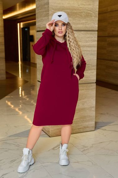 Жіноча довга вільна спортивна сукня-худі з капюшоном колір бордовий, розмір  54/56 IS830