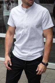 Мужская льнаная рубашка с коротким рукавом и воротником стойка на трех пуговицах RA1504 цвет белый, размер XXL