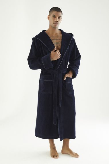 Чоловічий халат велюровий Nusa 7230 з капюшоном, темно-синій, 2XL | Зображення 6
