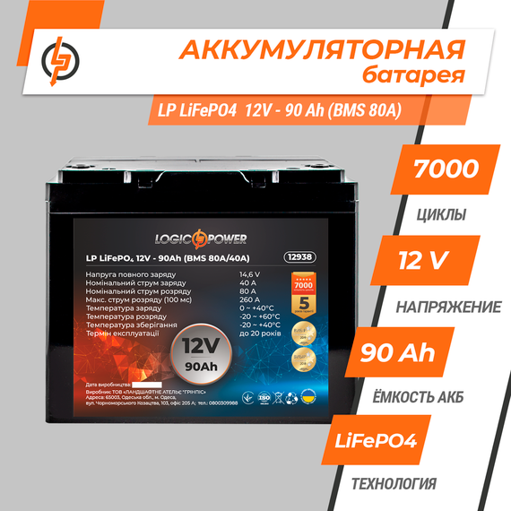 Аккумулятор LP LiFePO4 12V (12,8V) - 90 Ah (1152Wh) (BMS 80A/40A) пластик | Зображення 1