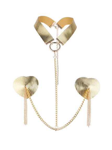 Пестис-сердечка з пензликами та чокером JSY Nipple Sticker RT236114 Golden