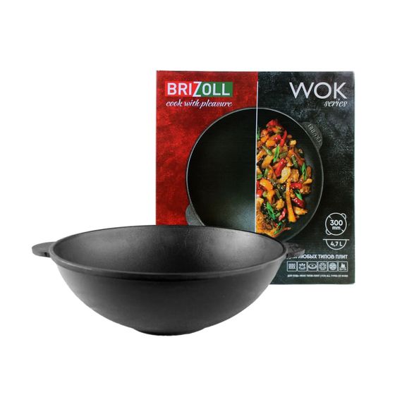 Сковорода Wok чавунна Brizoll 30 см 4,7 л W30 глибока для всіх плит | Зображення 2