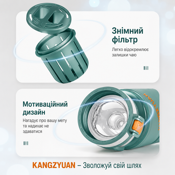 Спортивная бутылка KANGZYUAN 700 мл - Зеленая Tritan BPA-free, ударопрочная эко-бутылка с фильтром и ремешком | Зображення 3