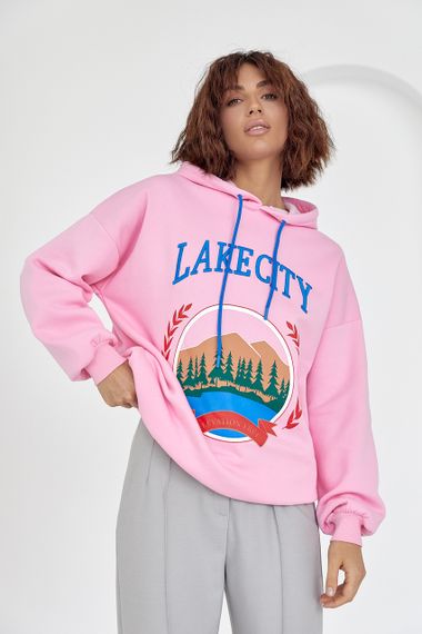 Утепленное худи с принтом и надписью Lake city - розовый цвет, M (есть размеры)