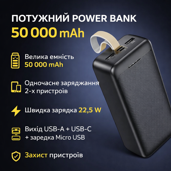 Повербанк Awei J111B 50000 mAh, 22.5W — портативний зовнішній акумулятор зі швидким заряджанням, 3 виходи, Li-Pol, чорний | Зображення 1