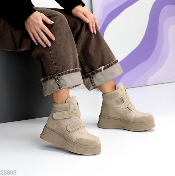 Бежеві зимові черевики снікерси на липучках натуральна шкіра + замша | Зображення 5
