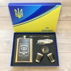 Подарочный набор MOONGRASS 6в1 с флягой, рюмками, ножом, ручкой, лейкой UKRAINE 🇺🇦 WKL-001