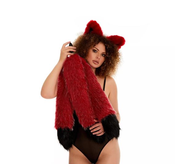 Анальний потрійний  хутряний хвіст без пробки, Темно-червоний з чорним кінчиком, OKOVA 60 см. sexstyle | Зображення 2