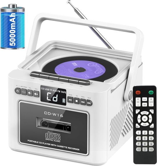 CD плеєр портативний перезаряджуваний Boombox із касетним плеєром, Bluetooth Boombox з акумулятором 5000 мА·год
