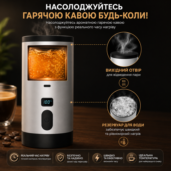 Портативная кофеварка эспрессо с подогревом воды 18 бар аккумуляторная 7800mAh для капсул и молотого кофе Серая | Зображення 6