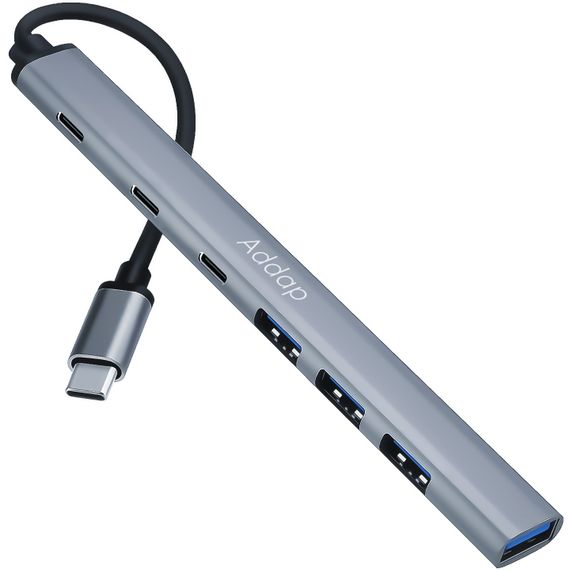 USB Type-C хаб, концентратор/разветвитель для ноутбука Addap UH-04CS, на 7 портов: 3×USB 2.0, 1×USB 3.0, 3×Type-C, Gray | Зображення 1