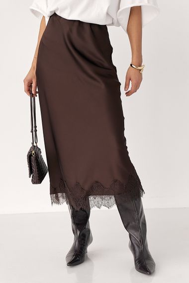 Атласна спідниця міді з мереживом - коричневий цвет, S (є розміри) | Зображення 1