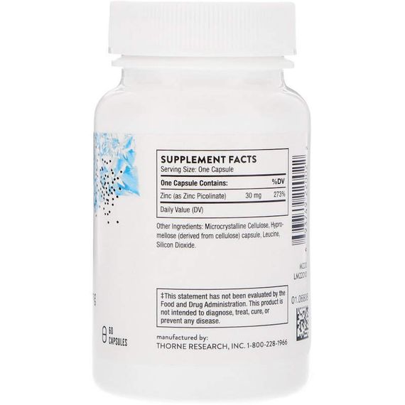 Цинк пиколинат усиленный, Zinc Picolinate, Thorne, 30 мг, 60 капсул | Зображення 1