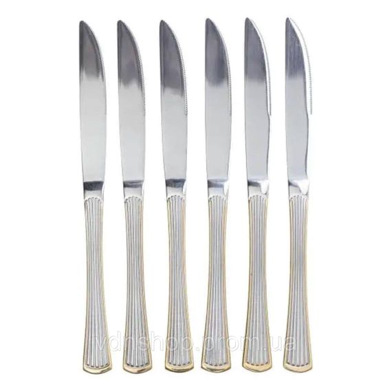 Набір столових ножів 6 штук ножі сервірувальні з нержавіючої сталі 22.5 см Срібло із золотим обрамленням HP-20-30