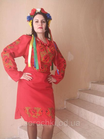 Платье женское  с вышивкой , цветы , "маки красные" . красное,габардин | Зображення 1