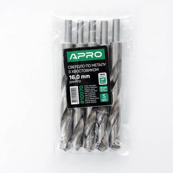Свердло для металу HSS (P6M5) Ø 16.0 мм із хвостовиком 10 мм (пачка, кратність 5 шт.) APRO 8100701 | Зображення 1