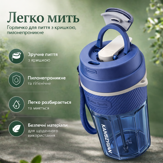 Кружка для кофе и чая с собой 550 мл KANGZYUAN, стакан для воды из тритана с крышкой, синяя | Зображення 3