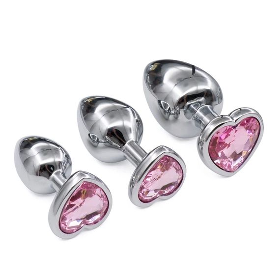 Набір хромованих анальних пробок із рожевими кристалами ( розмір S, M, L ) | Зображення 3