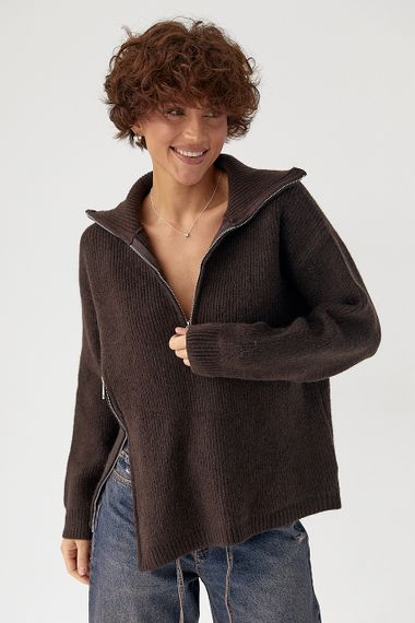 В'язана жіноча кофта з блискавками - темно-коричневий цвет, ONE SIZE (є розміри)
