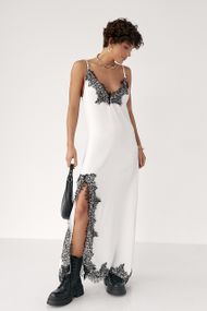 Атласна сукня на бретелях із мереживом - білий з чорним цвет, ONE SIZE (є розміри)