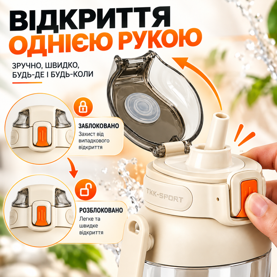 Бутылка для воды TKK 1400 мл белая спортивная из тритана BPA Free, ударопрочная, с трубочкой, ручкой и ремешком | Зображення 7