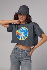 Укорочена жіноча футболка з принтом Nasa - темно-сірий цвет, M (є розміри)