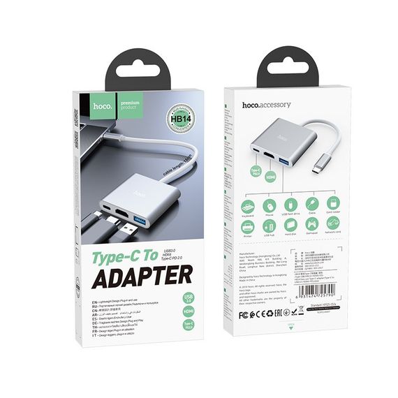 Концентратор USB Hub Hoco HB14 Type-C на USB 3.0 / HDMI / Type-C PD - Silver | Зображення 4