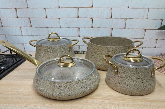 Набор посуды кастрюль премиум класса O.M.S. Collection 3041 с гранитно-мраморным покрытием Песочный (Турция) | Зображення 1