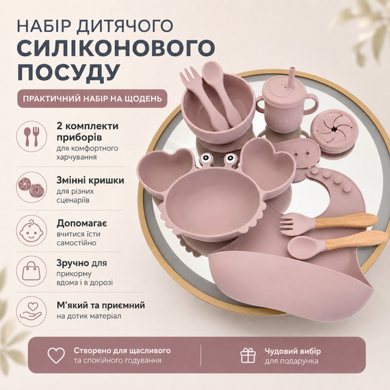 Набор детской силиконовой посуды Краб Розовый цвет