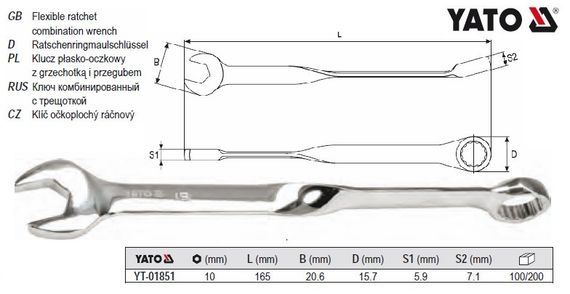 Ключ рожково-накидной крученый 90° Cr-V М=10х165 YATO Польща YT-01851