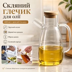 Скляний глечик для олії й оцту 650 мл із носиком, ручкою та дерев'яною кришкою, пляшка-дозатор для рідких продуктів