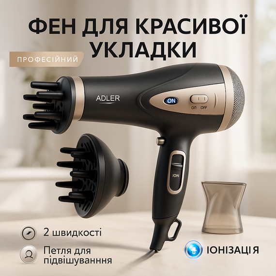Фен для укладки средних волос Adler AD 2248 2400Вт, Фен с холодным воздухом для укладки UX-53