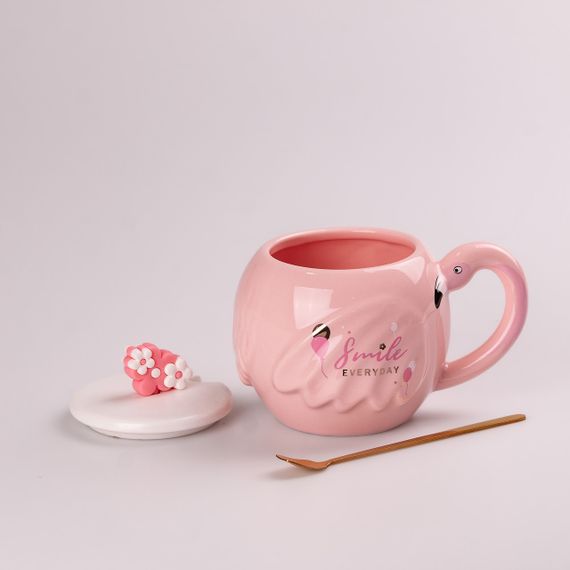 Чашка керамическая Flamingo 500мл с крышкой и ложкой чашки для кофе Smile | Зображення 1