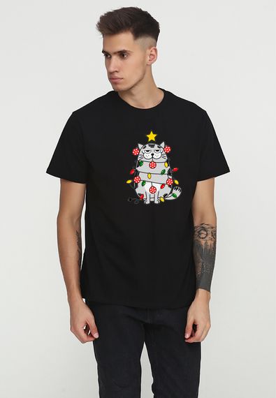 Футболка чоловіча чорна з принтом "Кіт з гірляндою", XL